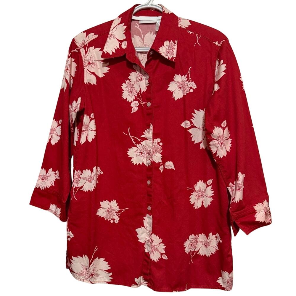 Liz Claiborne Lizwear Jeans Women's Red White Floral Long Sleeve Blouse Size S